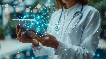 Doctor holding tablet computer and touching virtual charts on virtual screen. Medical innovative technology and network connection.