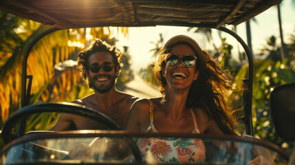 Obraz na płótnie Canvas A man and woman in sunglasses riding a golf cart, AI