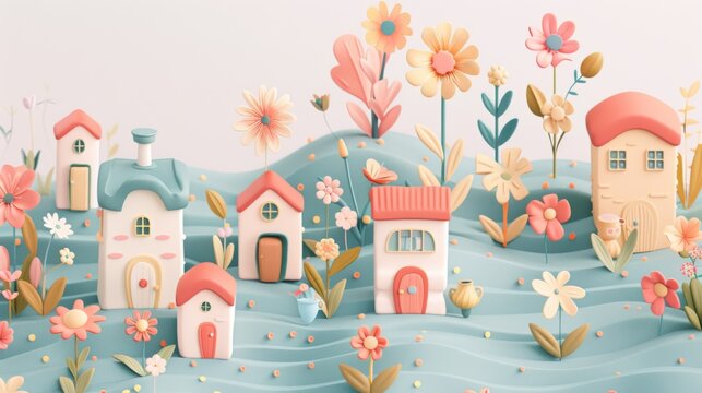 A bunch of houses and flowers are on a hill, AI