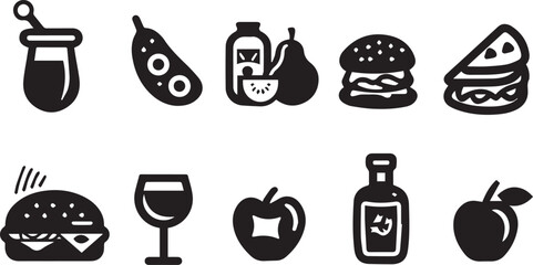 Food and drink icons set vector black outline logo white background	