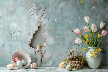 Large hole in the wall and Easter decorations around, empty copy space Generative Ai 