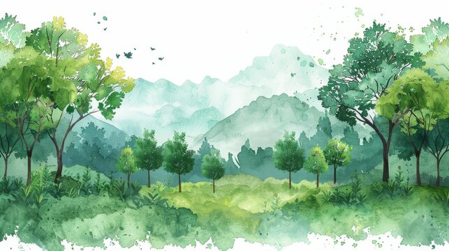 Fototapeta Watercolor stylized illustration of green forest and trees.