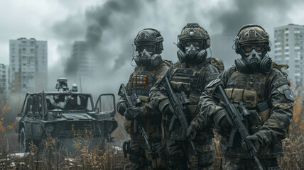 Squad of soldiers in tactical gear amidst a bleak, dystopian setting.