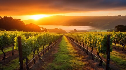 Fototapeta na wymiar A vineyard with rows of grapevines at sunrise