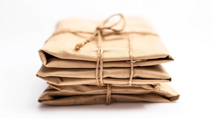 Stacked canvas packages tied with string.