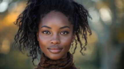 Obraz premium A serene woman with a captivating gaze surrounded by autumn colors.