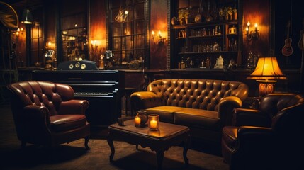 A vintage speakeasy with jazz music, low lighting, and retro decor for nostalgia