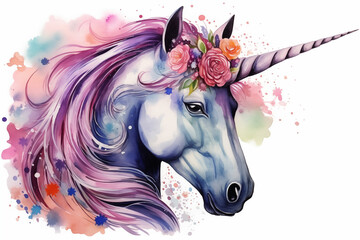 watercolor painting the portrait of vibrant galaxy unicorn, decorated with floral, isolate on clean white background