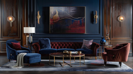 Infusing the living room with a sense of luxury using a palette of deep navy blue, rich burgundy, and gold accents against a backdrop of dark wood finishes.