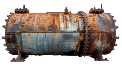 Rusty cylindrical tank isolated on transparent background.