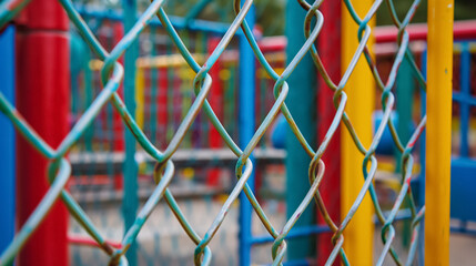 Vivid playground behind chain-link fence.