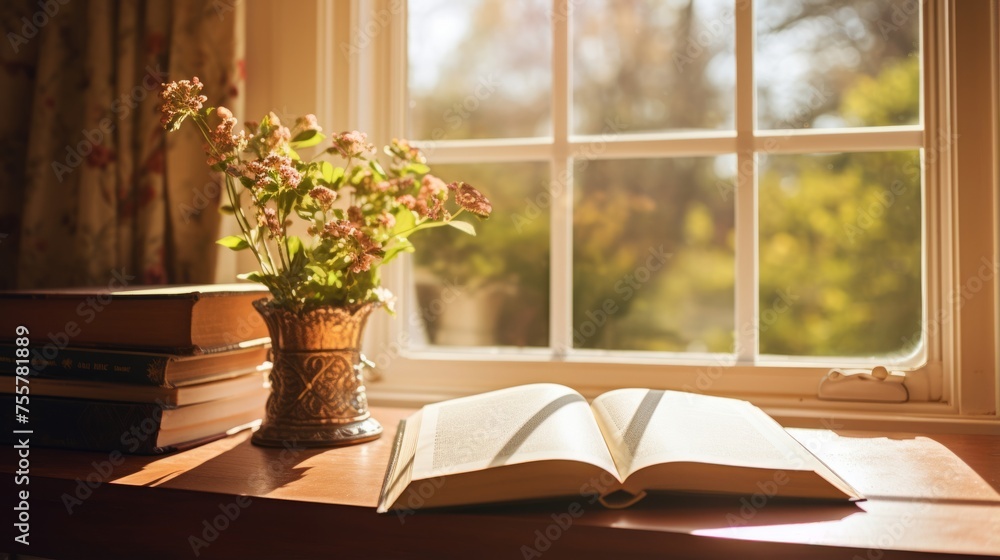 Poster an open book on a sunlit windowsill with a view