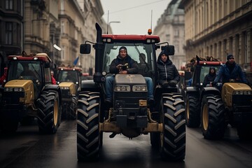 tractor drivers farmers' strike rally crowd of protesting dissatisfied people