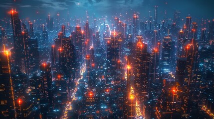 A futuristic city networked with fiber optic cables, enabling ultra-fast internet and smart city technologies
