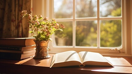 An open book on a sunlit windowsill with a view