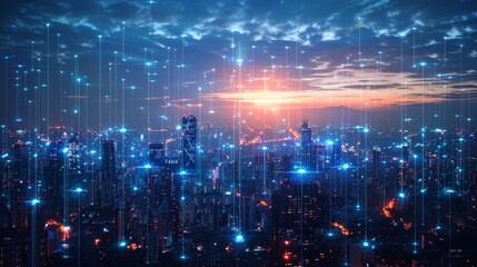 Obraz premium A futuristic city networked with fiber optic cables, enabling ultra-fast internet and smart city technologies