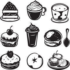 Food and drink icons set vector black outline logo white background