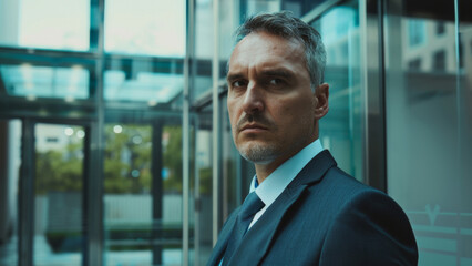 Fototapeta premium A determined businessman stands before a reflective glass facade.