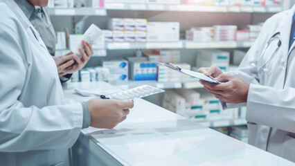 Pharmacists discussing medication in a well-stocked modern pharmacy.