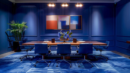 Infusing the meeting room with energy using vibrant cobalt blue hues. - obrazy, fototapety, plakaty