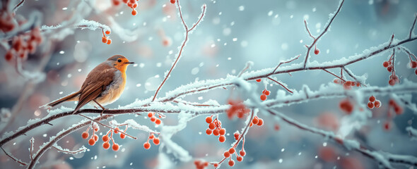 Robin perched on a frosty branch in winter. - Powered by Adobe