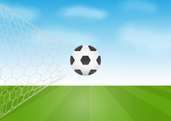 Naklejka premium Football or Soccer Ball in Goal. Football Championship. Soccer Banner Template for Poster. Vector Illustration. 