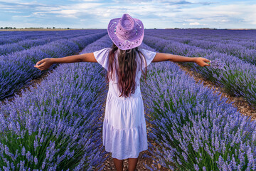 Young girl in the lavender field and cloudy sky at the background. Brihuega, Spain. - 755782461