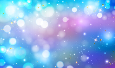 Obraz premium Fantastic night fantasy sky background with bokeh light and gold glitter confetti. Fairy Tale Space. Frozen light blue vector landscape. Blurred glow lights. Magical night holidays. Night Sky. Vector