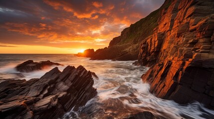 Dramatic coastal cliffs with waves crashing under a stunning sunset