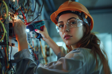 Young beautiful woman is an electrician, wearing helmet and protective glasses, working with multimeter in fuse box in new apartment.