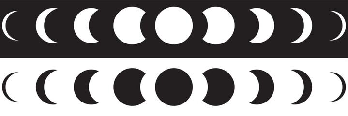 Moon phases astronomy icon silhouette symbol set. Full moon and crescent sign logo.  Isolated on white background. Vector illustration. EPS 10 © KD Vector Studio