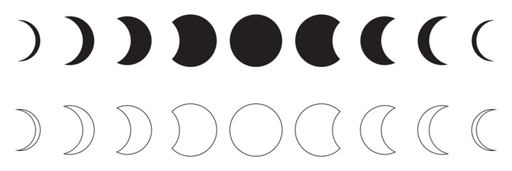 Moon phases astronomy icon silhouette symbol set. Full moon and crescent sign logo.  Isolated on white background. Vector illustration. EPS 10 © KD Vector Studio