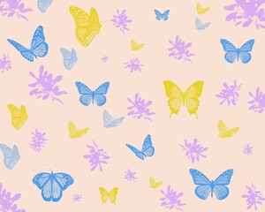 Cute decorative background with butterflies. Beautiful nature pattern for decoration.