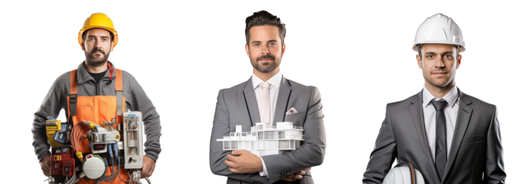 architect, engineer, and builder isolated on white, png