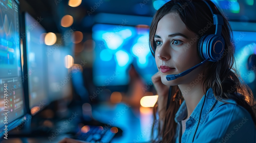 Poster a high-tech call center featuring real-time data analytics