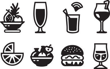 Food and drink icons set vector black outline logo white background	