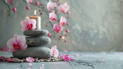 Zen stones, bamboo, flower and water in a peaceful zen garden
