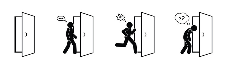 door icon, stick man figure, exit illustration