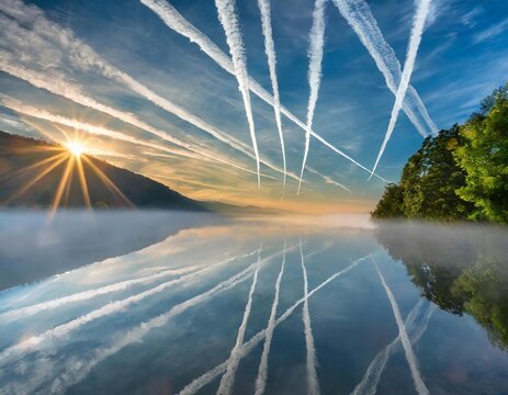 chemtrails, contrails from airplanes in the sky, landscape, clouds, water, nature, air pollution, danger, chemicals, environmental protection