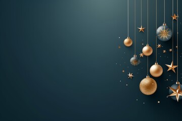 Christmas ornaments hanging from strings against a dark blue background