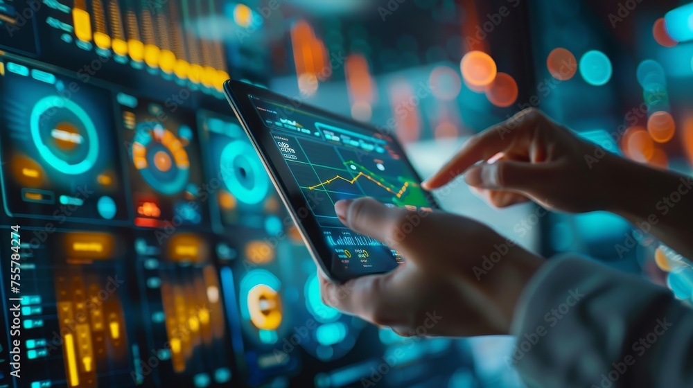 Poster a marketer analyzing consumer trends on a digital device while on a business journey