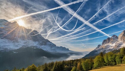 chemtrails, contrails from airplanes in the sky, landscape, clouds, water, nature, air pollution,...