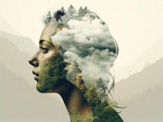 Flower beauty: Double exposure Woman with forest and forest wood.