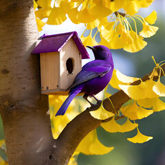 아기새를 위해서 은행나무위에 집을 짓고있는 보라색의 새 - obrazy, fototapety, plakaty