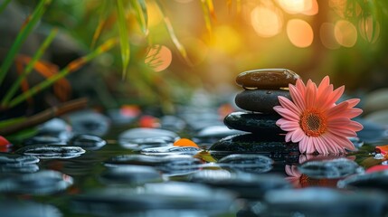 Zen stones, bamboo, flower and water in a peaceful zen garden
