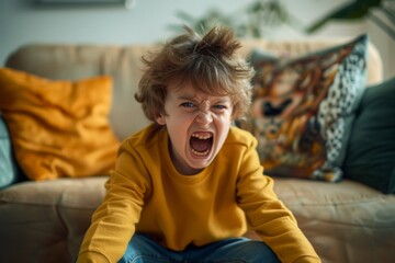Angry irritated boy. Full of rage. Emotional portrait of an upset preteen boy screaming in anger. Requirements for parents. Wrong perception. Hysterics. - obrazy, fototapety, plakaty