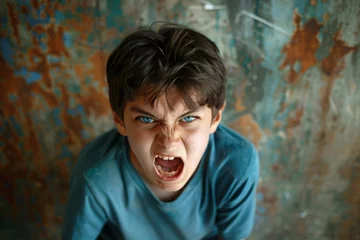 Foto op Canvas Angry irritated boy. Full of rage. Emotional portrait of an upset preteen boy screaming in anger. Requirements for parents. Wrong perception. Hysterics. © JovialFox