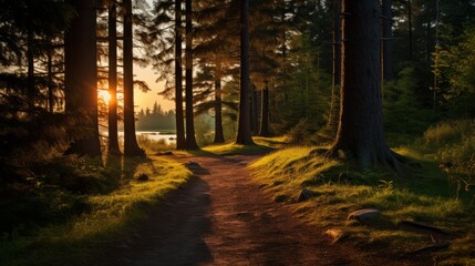 Tranquil forest pathway illuminated by the setting sun's rays