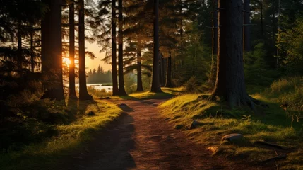 Schilderijen op glas Tranquil forest pathway illuminated by the setting sun's rays © Cloudyew