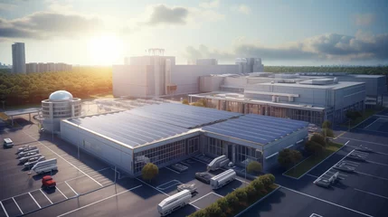 Foto auf Acrylglas store hypermarket large building with parking and cars warehouse for goods solar panels on factory rooftop © Dm